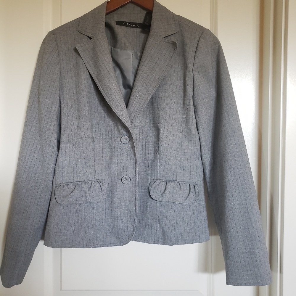 Gray blazer jacket with black and blue pinstripes